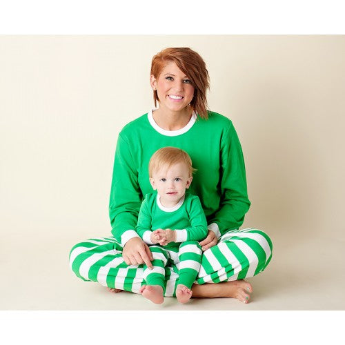Mom and Child Wearing Green and White Pajamas