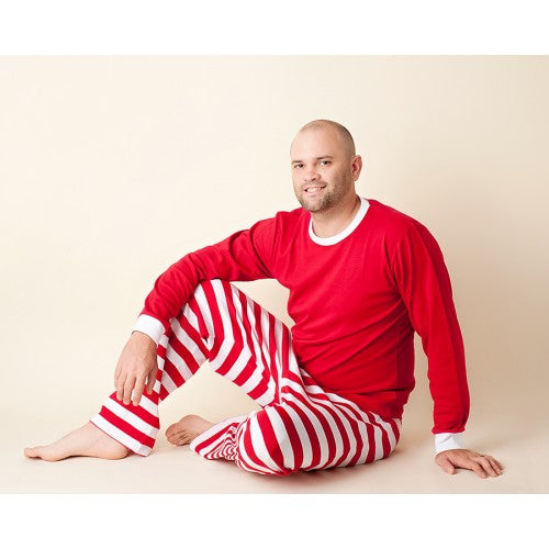 Man wearing Red and White Stripe Pajamas