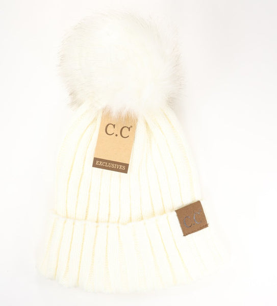 Solid Ribbed Matching Fur Pom CC Beanie Hat