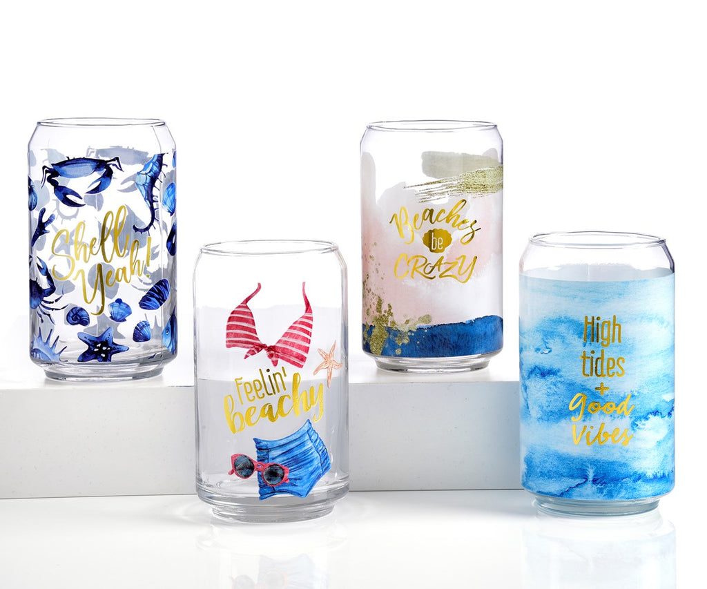 can shaped glass in beachy prints