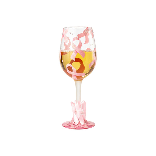 Pink Ribbon Wine Glass by Lolita with beverage in glass