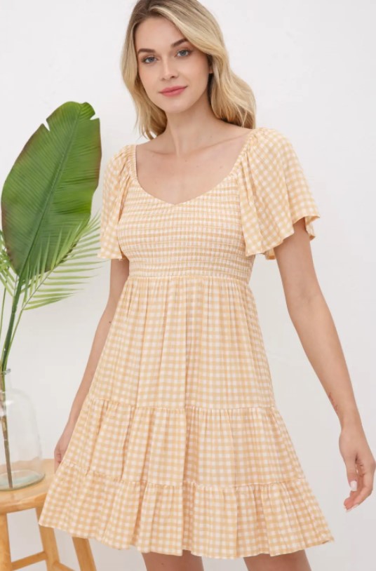 Smocked V Neck Bodice Shirred Mini Dress