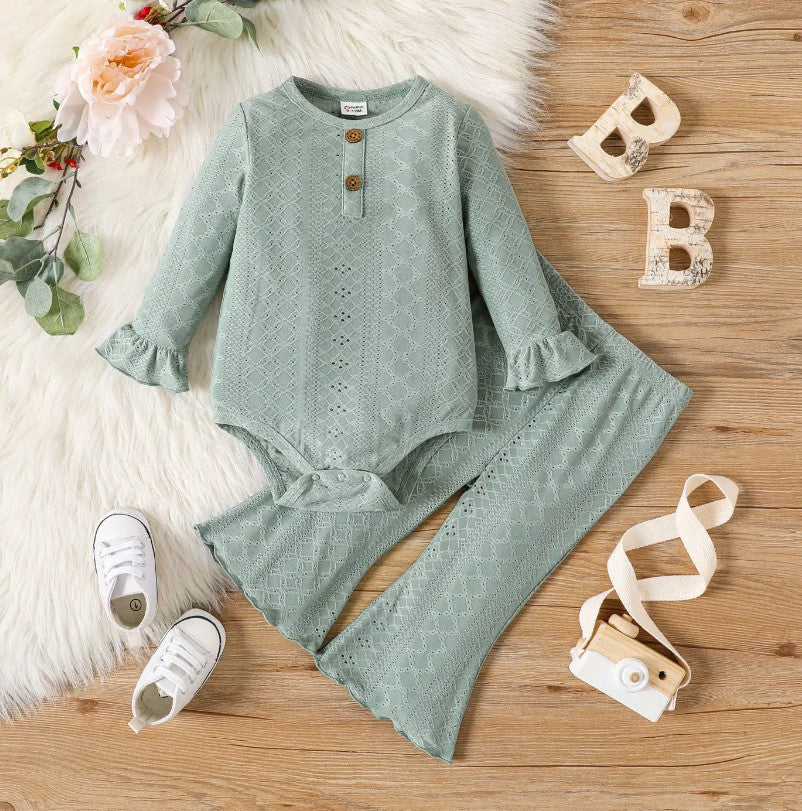 Solid Eyelet Romper and Flared Pants Set
