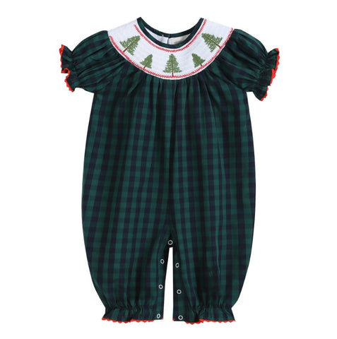 Blue and Green Gingham Christmas Tree Smocked Playsuit