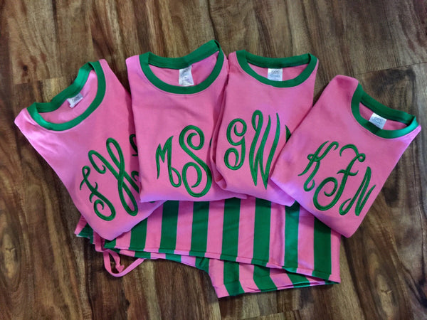 Sorority Pajamas - Pink and Green/ Preorder- Processing will Begin shipping after April 3O,2022.    Orders will be completed and shipped in the order they are received.