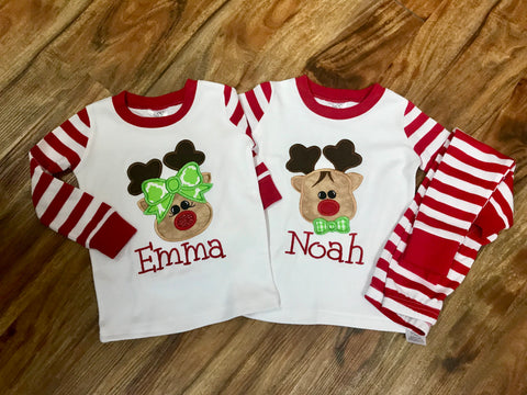 Matching Sibling Pajamas With Reindeer